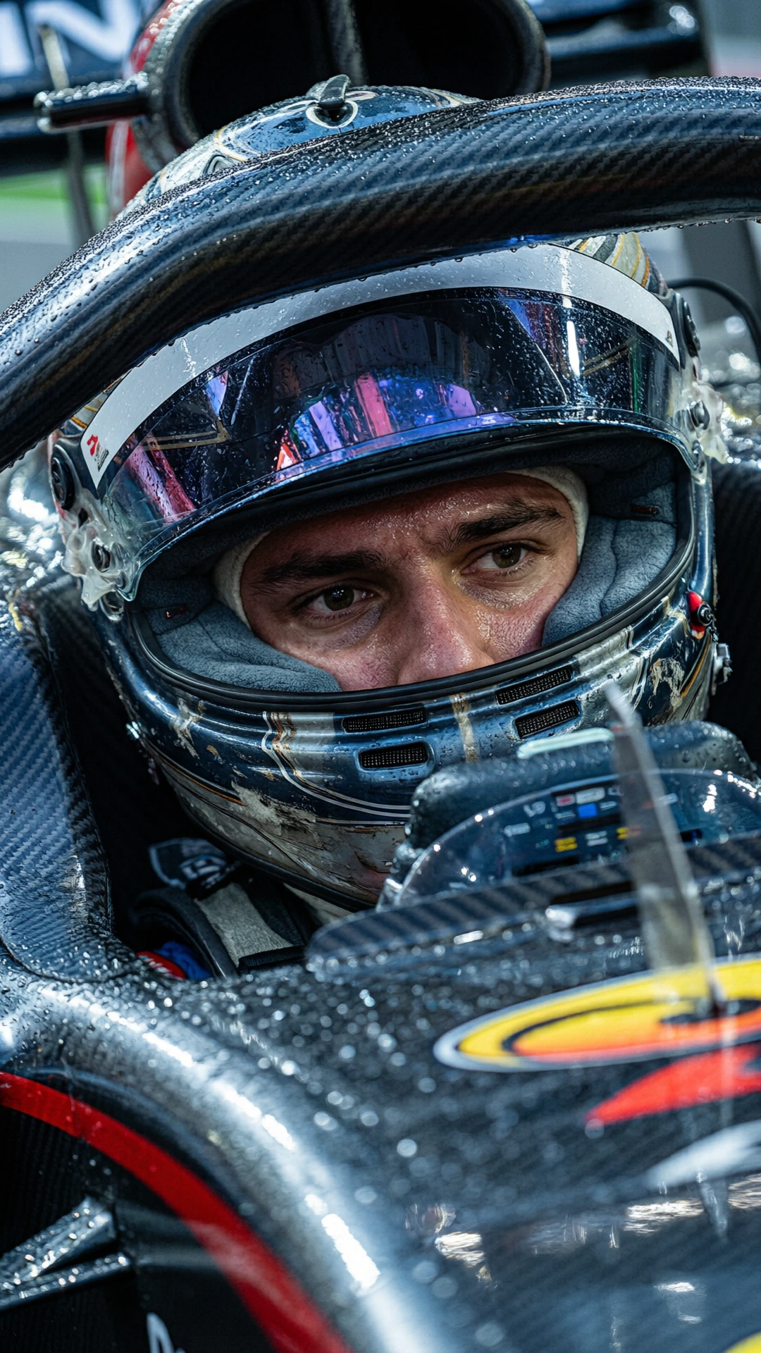 A Formula 1 driver sits in his cockpit, captured in a tight medium close-up perfectly framed for the