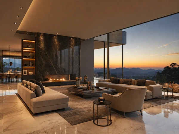 Ultra realistic luxury modern living room interior designed by a world-class architect. Large panoramic windows overlook
