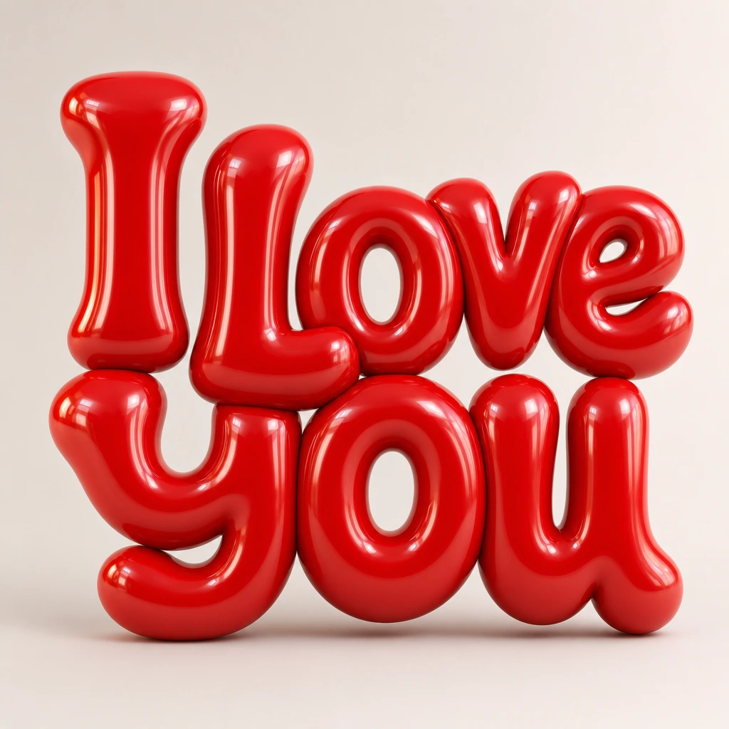 "I Love you", red glossy inflatable bubble 3D typography soft plastic texture, smooth reflections, r
