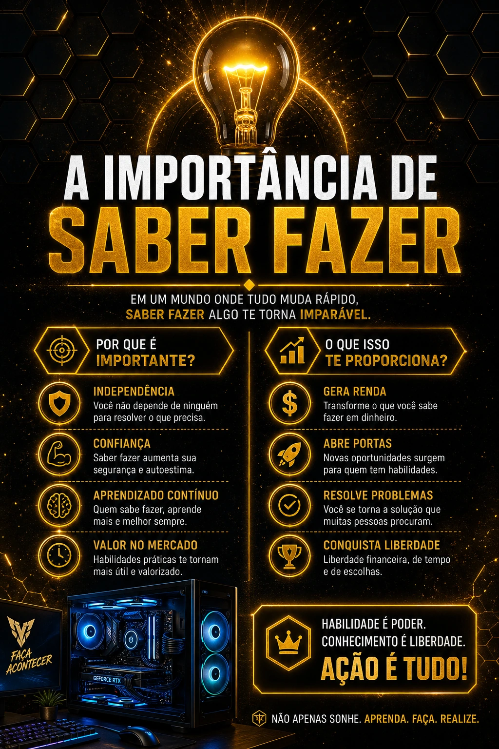Dark golden neon infographic poster 9:16, black background with hexagonal texture, glowing golden li