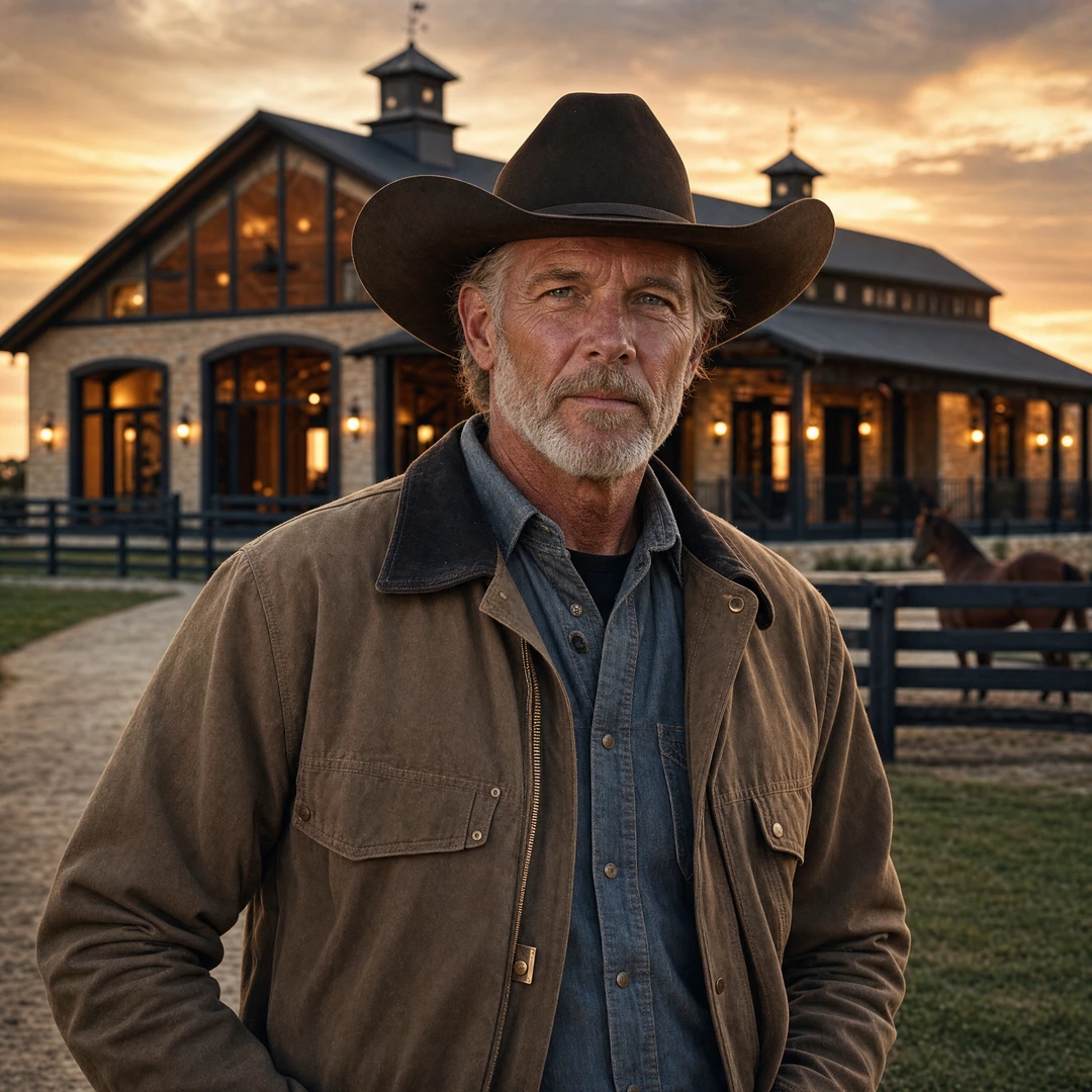 Hyper realistic handsome older ranch owner standing in front of luxury horse stables at sunset, auth