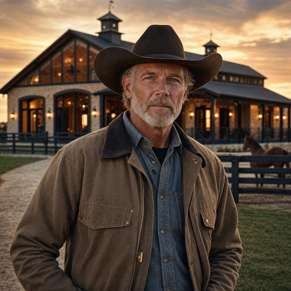 Hyper realistic handsome older ranch owner standing in front of luxury horse stables at sunset, authentic masculine pres