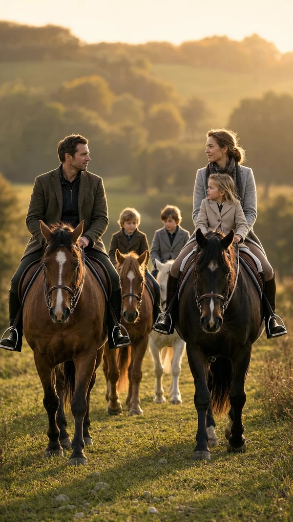 Ultra realistic cinematic photography of a wealthy ranch family riding horses together across green countryside fields d