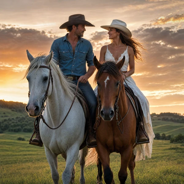 Ultra realistic cinematic scene of an elegant ranch couple riding horses side by side across green fields during sunset,