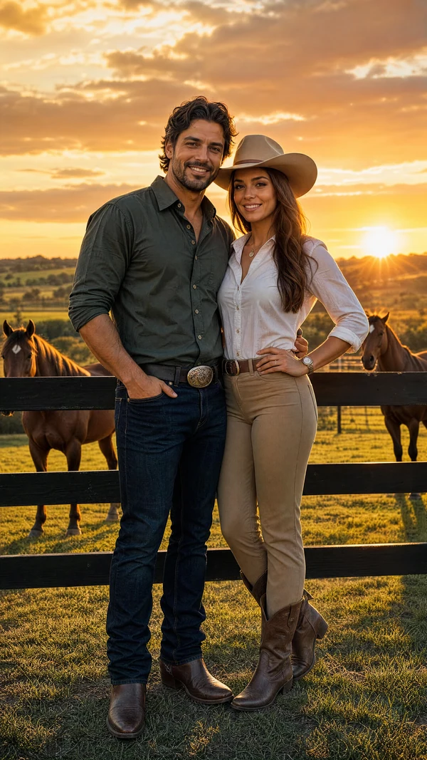 Ultra realistic cinematic photography of a sophisticated Brazilian ranch couple standing together at a luxury horse farm