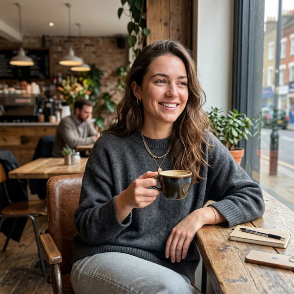 Ultra realistic social media fashion portrait of a stylish young woman sitting casually inside a trendy café with natura