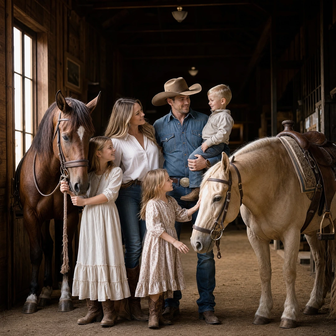 Hyper realistic portrait of an elegant ranch family inside a luxury horse stable, father holding the