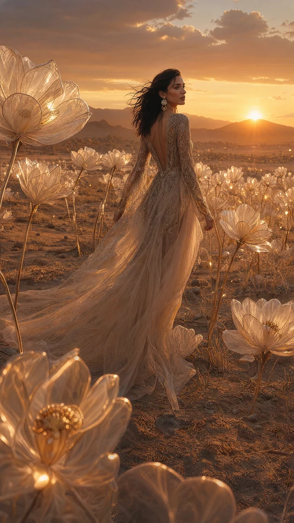 Ultra realistic surreal fashion portrait of a mysterious elegant woman walking through a vast desert filled with giant t