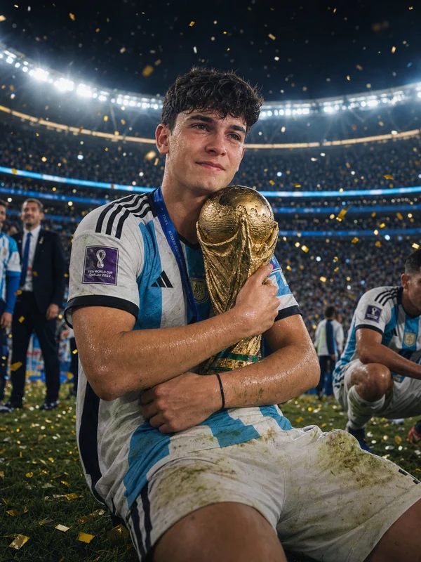 Transform the reference photo into an epic emotional football moment after winning a World Cup final. The player appears