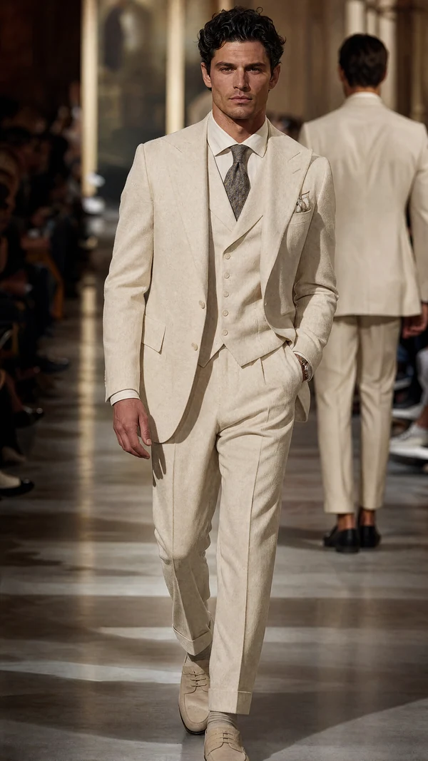 Ultra realistic male model in old money luxury fashion runway, cream tailored suit, sophisticated masculine presence, re