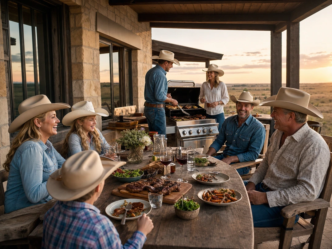 Hyper realistic Texas ranch family gathered around a luxury outdoor barbecue at their countryside property, authentic western lifestyle, cowboy hats, rustic wooden tables, realistic laughter and interactions, warm sunset lighting, luxury ranch atmosphere, cinematic realism, detailed food textures, natural emotions, sophisticated western family aesthetic, ultra realistic, 8k