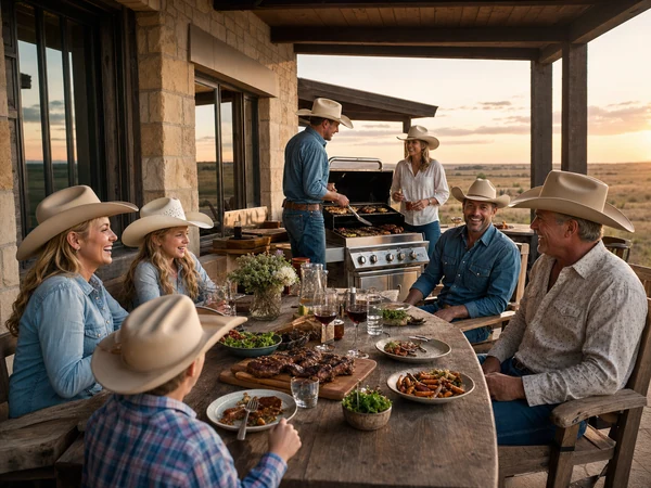Hyper realistic Texas ranch family gathered around a luxury outdoor barbecue at their countryside property, authentic we