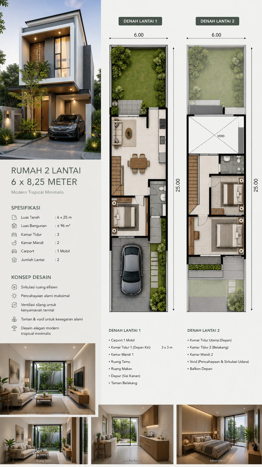 Buat desain layout rumah modern minimalis 2 lantai di lahan 6x8, 25 meter. Konsep rumah compact mode